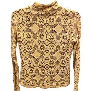 Maeve Mustard Yellow Lace Long Sleeve Mock Neck Top